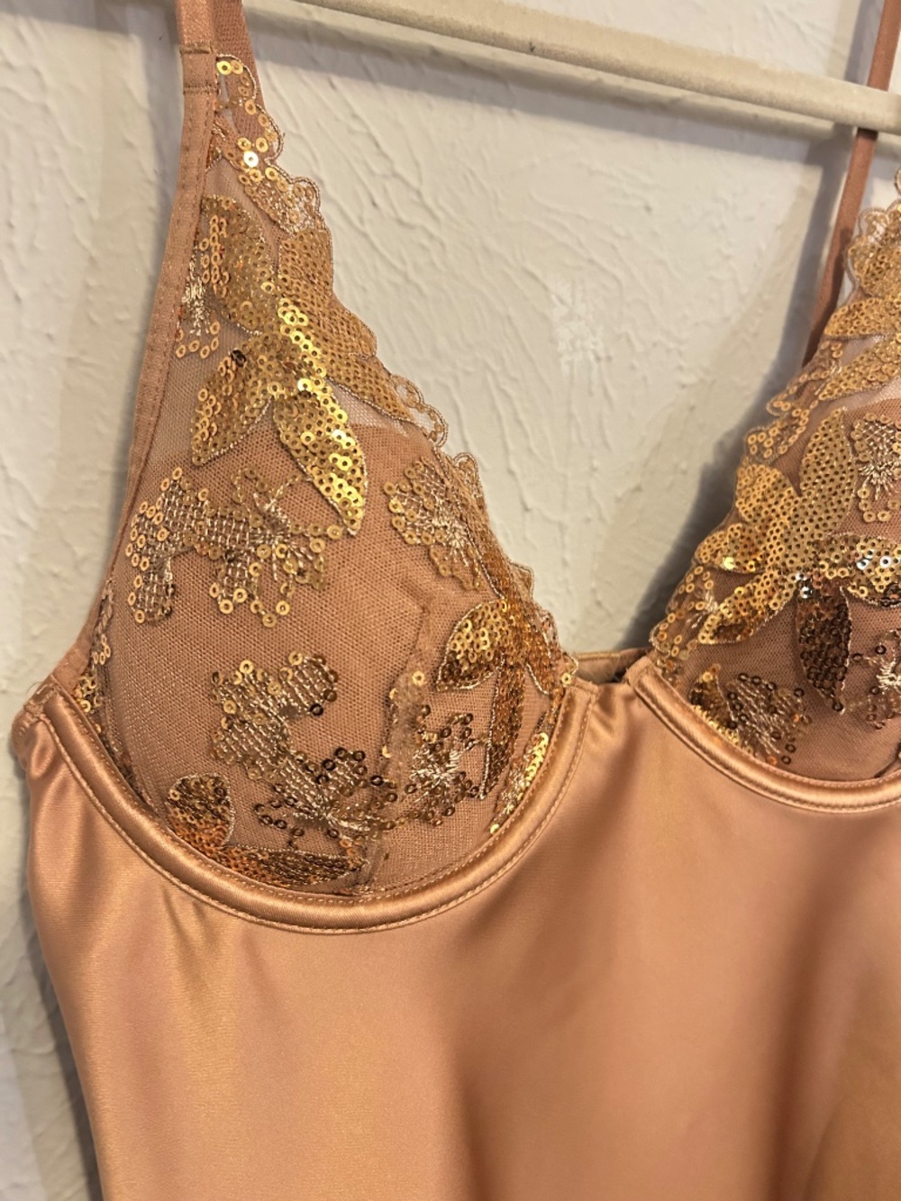 Victoria’s Secret Satin Lace Mini Dress Nude Gold - Picture 2 of 6